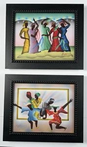 Pair Kingston Serigraph Mixed Media Artwork African Dance 10x12” Framed Signed - Picture 1 of 21