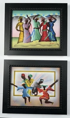 Pair Kingston Serigraph Mixed Media Artwork African Dance 10x12” Framed Signed - Image 1 of 4