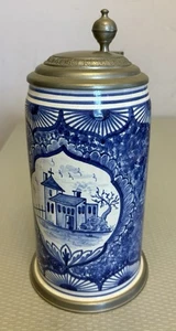 "Antigua Cerveza Alemana Loza Piedra Azul Blanco Escénico Pintado Estaño Tapa Base 9""" - Imagen 1 de 16