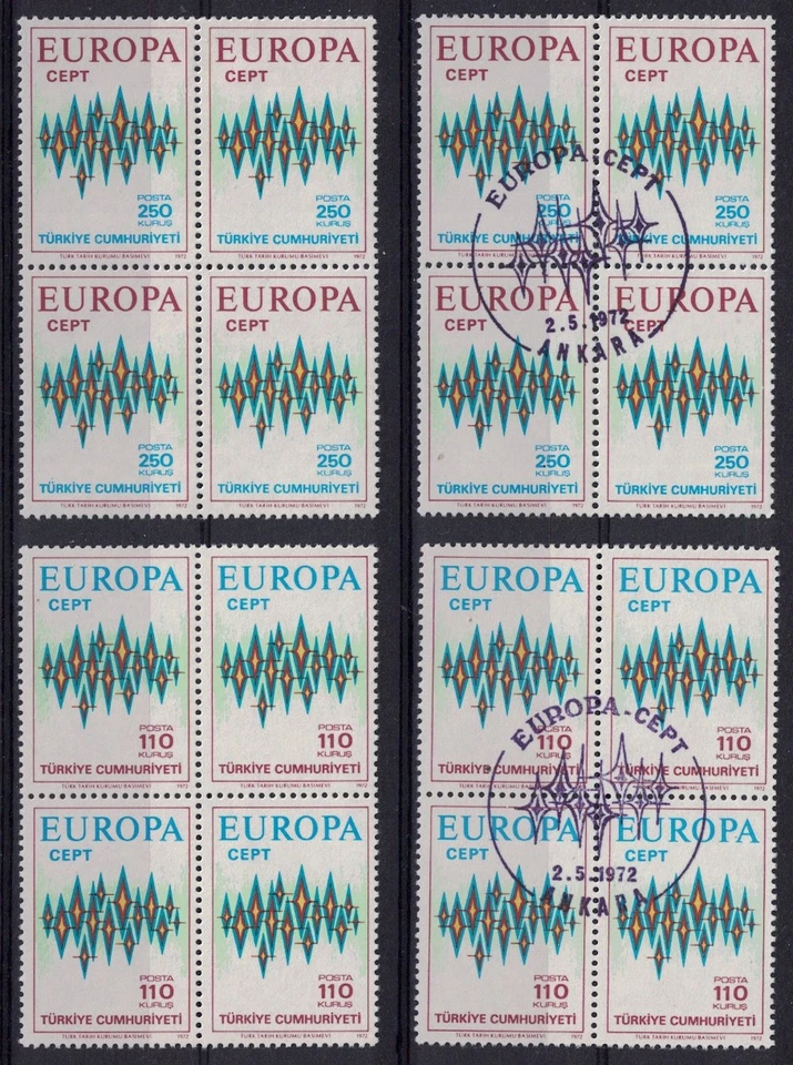 Europa CEPT - 1972 Turkiye Turkey - Full set of 2 - Blocks of 4, MNH & CTO VF - Image 1 of 1
