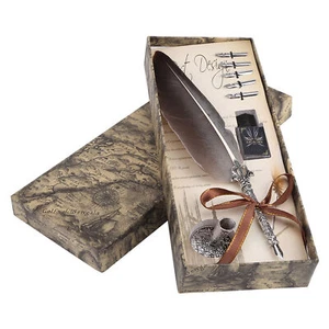 English Calligraphy Feather Dip Quill Pen Writing Ink Set Stationery Gift Box - Picture 1 of 12