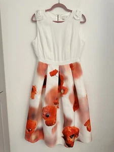 Ted Baker Women White Red Floral Midi Dress Size 4 Uk 14(P) - Picture 1 of 18