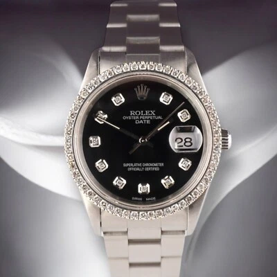 Rolex Date 34 mm Damas 1 quilate punta esfera de diamante negro reloj de acero 15000 Foto 1 de 4