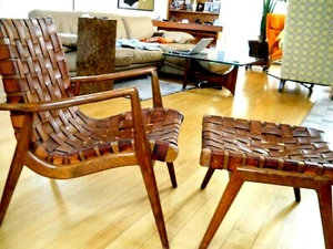 Mel Smilow woven Leather Club Chair and Ottoman Walnut 1956 lounge  chair - Picture 1 of 11