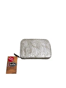 Justin Western Jewelry Pouch Organizer Floral White Silver Tooled Zipper Close - Picture 1 of 8