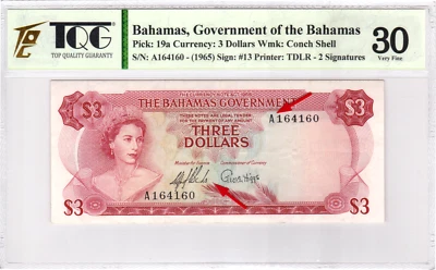 Mazuma *GN889 TQG Bahamas Queen Elizabeth QEII 1965 $3 A164160 VF30 - Image 1 of 2