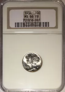 1934 Certified NGC MS66 FB Full Band Mercury Ten Cent Dime 10 C Coin - Picture 1 of 7