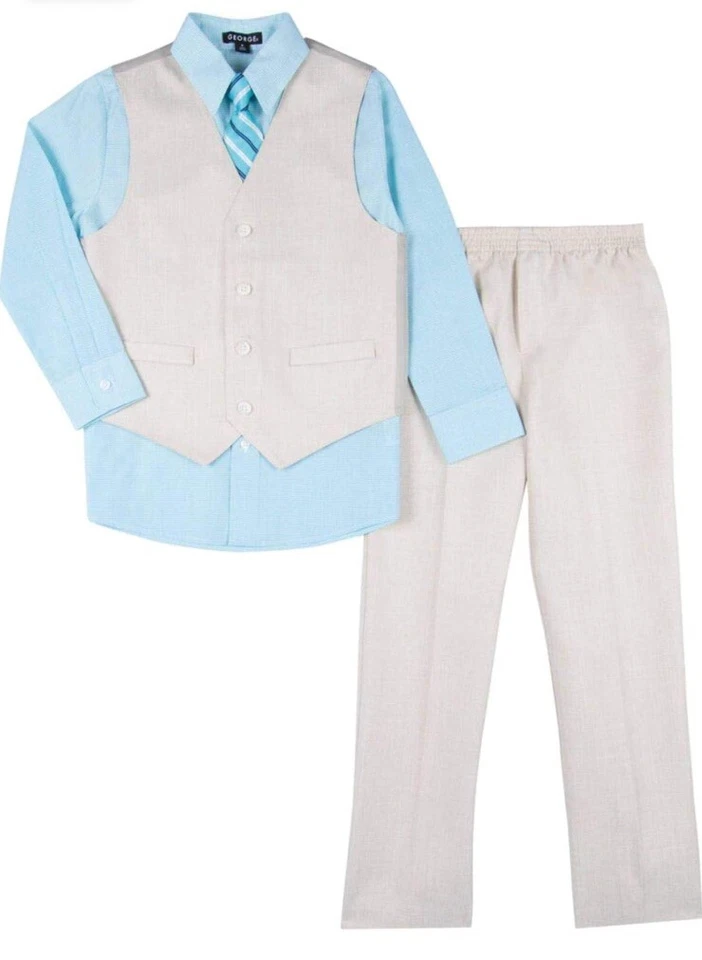Boys 4 Piece Suit Tan & Blue Dress Up Outfit Holiday Shirt Tie Pants & Vest - Image 1 of 1