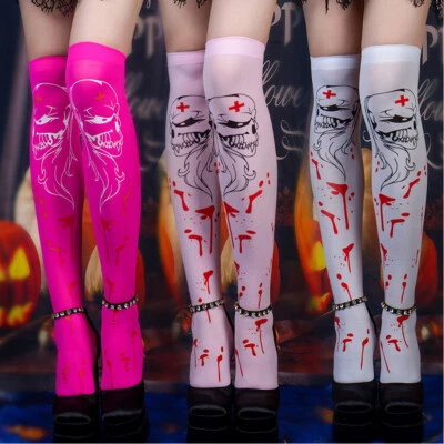 Women Elegant Halloween Thigh High Socks Skeleton Bat Pattern Costume Party Sock - Image 1 of 4