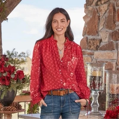 Blusa Campesina Sundance Roja Janica Floral Patchwork Abotonada Talla Grande Foto 1 de 4
