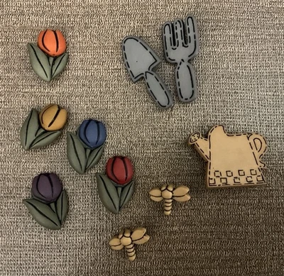 Dress It Up Buttons Tulips, Watering Can Dragonflies Embellishments - 10 Pieces - Image 1 of 2