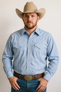 Camicia Vintage Plains Western Wear Pearl Snap Taglia XL Blu Strisce Rodeo Cowboy  - Foto 1 di 17