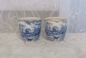 Vintage H M Sutherland Bone China Blue And White Rural Scenes Egg cups x 2 - Picture 1 of 9