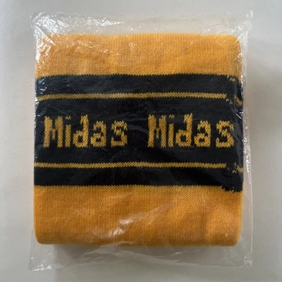 Bufanda vintage Midas borlas tejidas reparación automática marca amarilla unisex nueva en paquete Foto 1 de 2