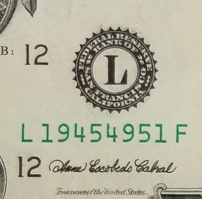 Birthday Dollar 1945 49 51 Fancy Serial Number Fed Reserve US $1 Series 2006 L F - Image 1 of 4