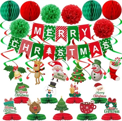 Merry Christmas Party Decoration Banner Set Paper Fan Flower Xmas Red, Green  - Image 1 of 4