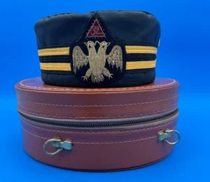 VTG Scottish Rite of Freemasonry 32 degree black Cap hat w/Leather Case Size 7 - Picture 1 of 4