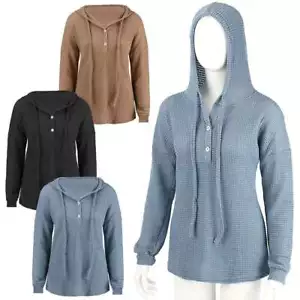 Women Hoodie Pullover Sweatshirt Long Sleeve Waffle Tops Casual Baggy Plain - Picture 1 of 15