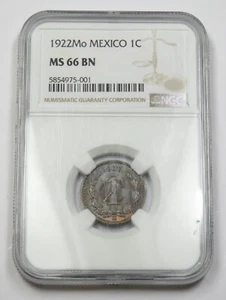 1922-Mo NGC MS66 BN | MEXICO - TOP POP - TONED Un Centavo 1c Coin #33626A - Picture 1 of 4