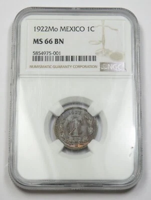 1922-Mo NGC MS66 BN | MEXICO - TOP POP - TONED Un Centavo 1c Coin #33626A - Image 1 of 4