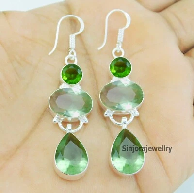 Pendientes de piedras preciosas de amatista y peridoto verde plata de ley 925 hechos a mano 2,25" Foto 1 de 4