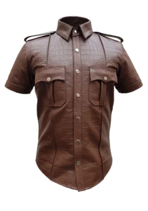 Hombres Marrón Caimán/Cocodrilo Estampado Cuero de Vaca Real Uniforme Estilo Camisa - Imagen 1 de 4