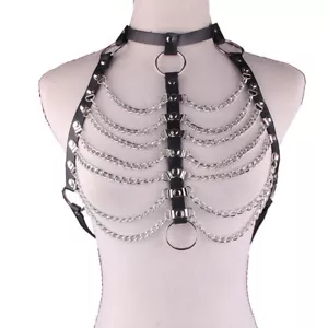 Lady Punk Body Harness Bra Faux Leather Lingerie Belt Necklace Metal Chain Decor - Picture 1 of 22