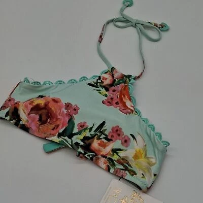 BECCA Bikini Top Womens Small High Tea Garden Floral High Neck Seaglass Green - Image 1 of 4