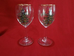 Spode Christmas Tree - Pair of Stemmed Wine Glasses with Gold Rim - Picture 1 of 5
