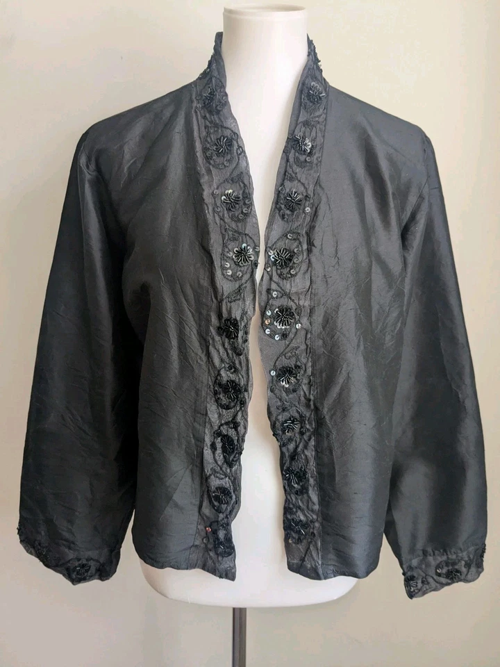 Винтажный черный шелк открытый куртка верхний блестки бисером викторианской стимпанк Gothic M L - Изображение 1 из 4