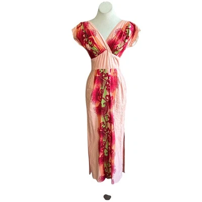 Maxi Vestido Cintura Imperio Vintage Años 60 Hawaiano Togs Melocotón Floral Tiki Anfitriona  Foto 1 de 4