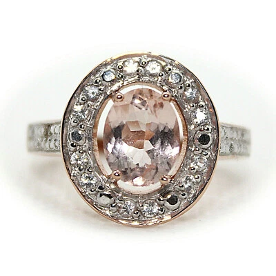 Morganita rosa y zafiro blanco con acento de diamantes • oro rosa de 18 quilates sobre S/S talla 9 Foto 1 de 4