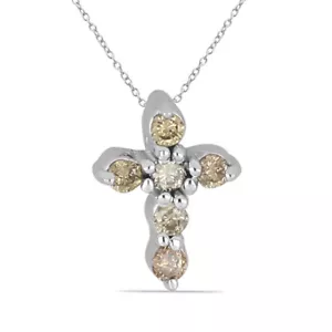 0.072Carat Champagne Diamond Cross Pendant 925 Silver Necklace Chain I2 - I3 - Picture 1 of 10