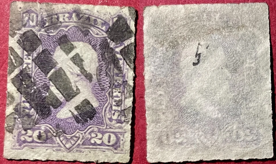 Brazil 1877 20R Dom Pedro II Sc-69 Violet Used #W51 - US Seller - Image 1 of 1
