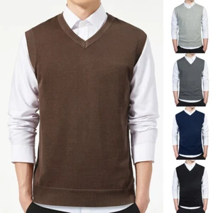 Men Slim Fit Sleeveless Sweaters V-Neck Waistcoat Pullover Knitted Tops Vest - Picture 1 of 23