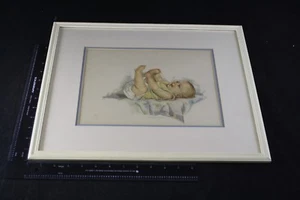 ANN BROCKMAN "REACHING FOR MY TOE" VINTAGE ART PRINT INFANT BABY 15X18" FRAMED - Picture 1 of 7