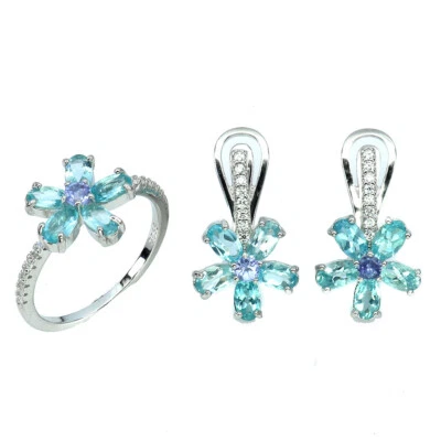 Set In Argento Sterling 925 Con Ovali Apatite Tanzanite Pietre Preziose Naturali - Immagine 1 di 4