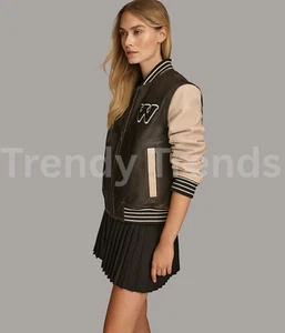Women’s Color Block Varsity Bomber Jacket – Leather W Patch Street Style - Picture 1 of 7