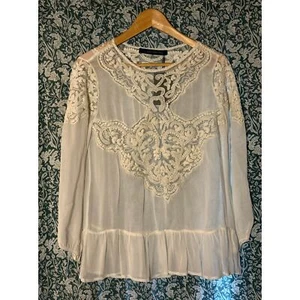 Blusa Boho Hippy Zara Talla S Blanca Encaje Manga 3/4 Femenina Años 70 Nueva con Etiquetas - Imagen 1 de 14