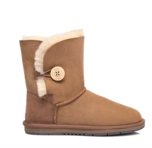 Ugg Real Aus 100% Australian Sheepskin Wool Women Short One Button Boot Chestnut - Picture 1 of 3