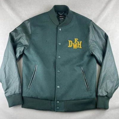 Deathworld DWFH Jacket Mens L Green Varsity Letterman College Wool Faux Leather - Image 1 of 4