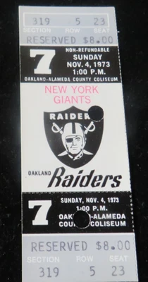 RARO BOLETO DE JUEGO DE TALÓN COMPLETO DE LOS NEW YORK GIANTS VS. OAKLAND RAIDERS DEL 4 DE NOVIEMBRE DE 1973 Foto 1 de 2