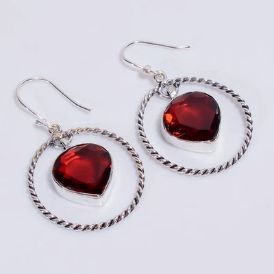Red Garnet Gemstone Vintage Handmade 925 Sterling Silver Earrings 1.8" KE-383 i9 - Image 1 of 4