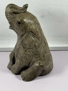 Vintage Seated Grey Baby Elephant Figurine Stone Trunk Up Free P+P - Picture 1 of 24
