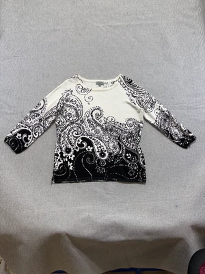 Joseph A Women's Black White Paisley Print Sweater Size S Round Neck 3/4 Sleeve - Image 1 of 4