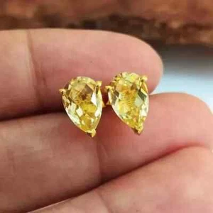 Citrine Solitaire 4Ct Pear Cut Lab Created Stud Earring 14k Yellow Gold Plated - Imagen 1 de 8