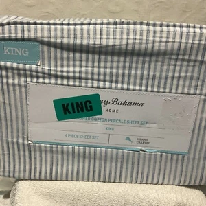 Tommy Bahama 4pc KING Sheet Set PALOMA STRIPE Blue & White, 100% Cotton Percale - Picture 1 of 12