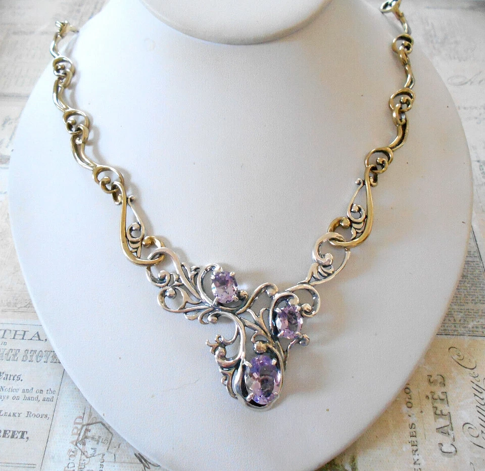 Collar de latón esterlina Carolyn Pollack rosa de Francia amatista 89C1 Foto 1 de 4