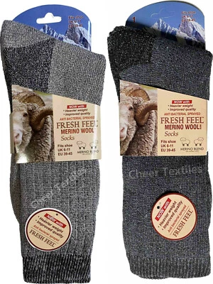 FRESH FEEL Thermal Socks Mens Winter Thick Merino Wool Walking Hiking Heavy Duty Work Boot