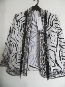 Chicos Womens Jacket Sz 1 Animal Print Charm Fringe Trim Woven Linen Open Front - Picture 1 of 3